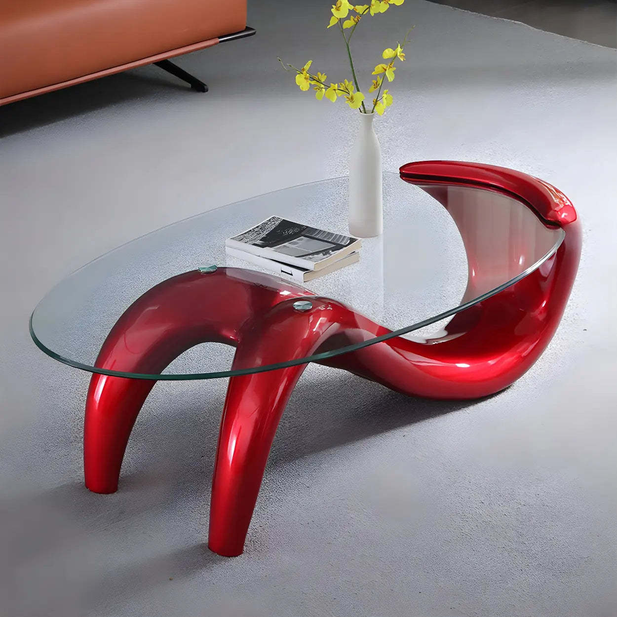 Oval Glass Abstract Metal Base Coffee Table — Burgundy