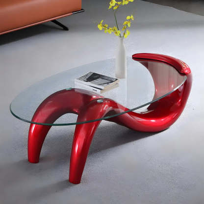 Oval Glass Abstract Metal Base Coffee Table — Burgundy