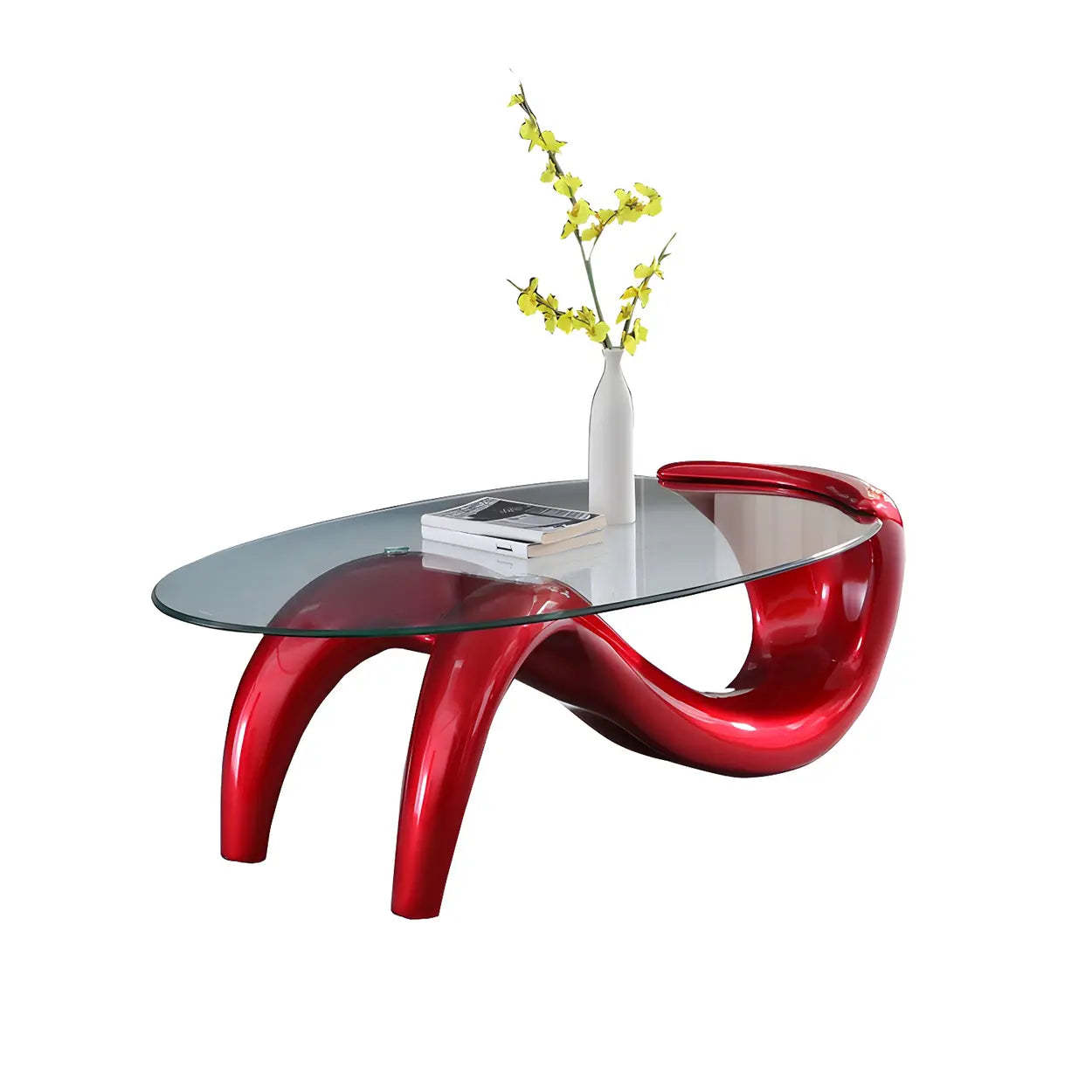 Oval Glass Abstract Metal Base Coffee Table — White-Clear