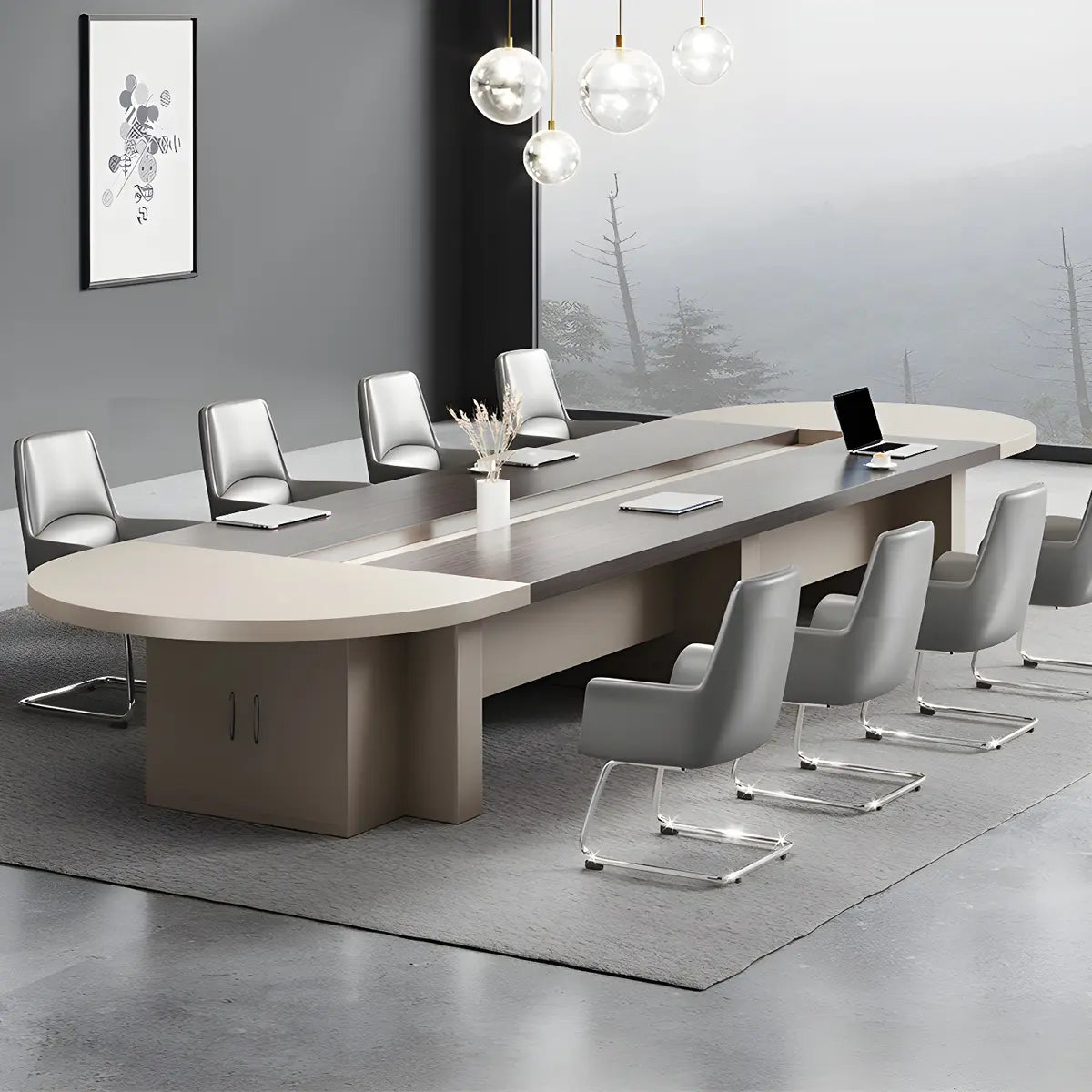 Oval Manufactured Wood Conference Table with Cabinets — Without Chairs