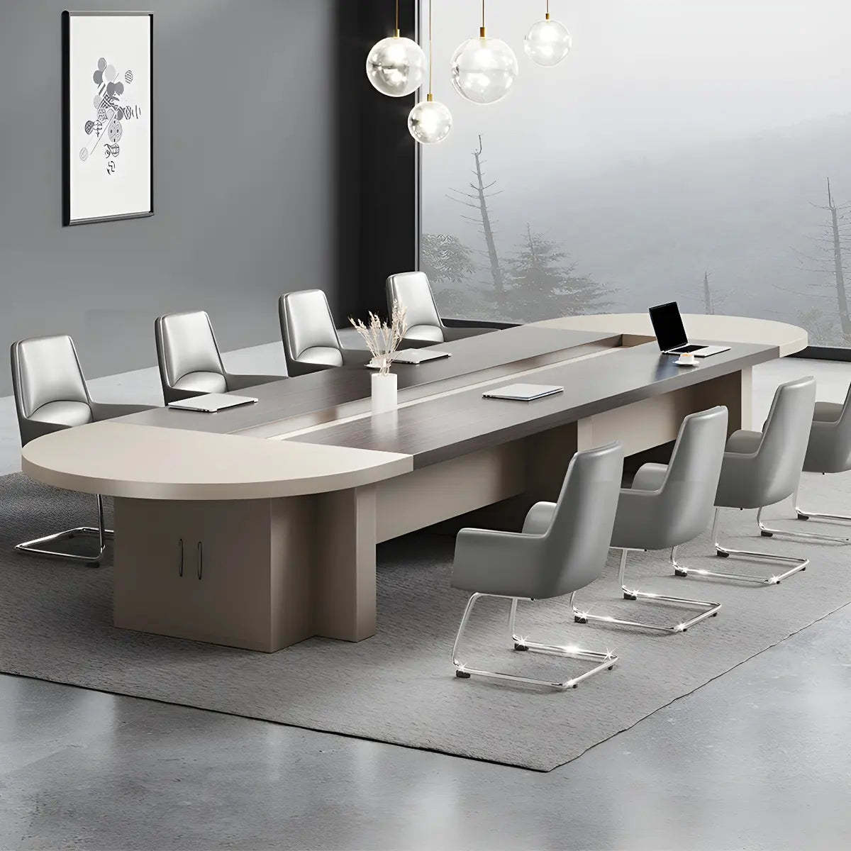 Oval Manufactured Wood Conference Table with Cabinets — Without Chairs