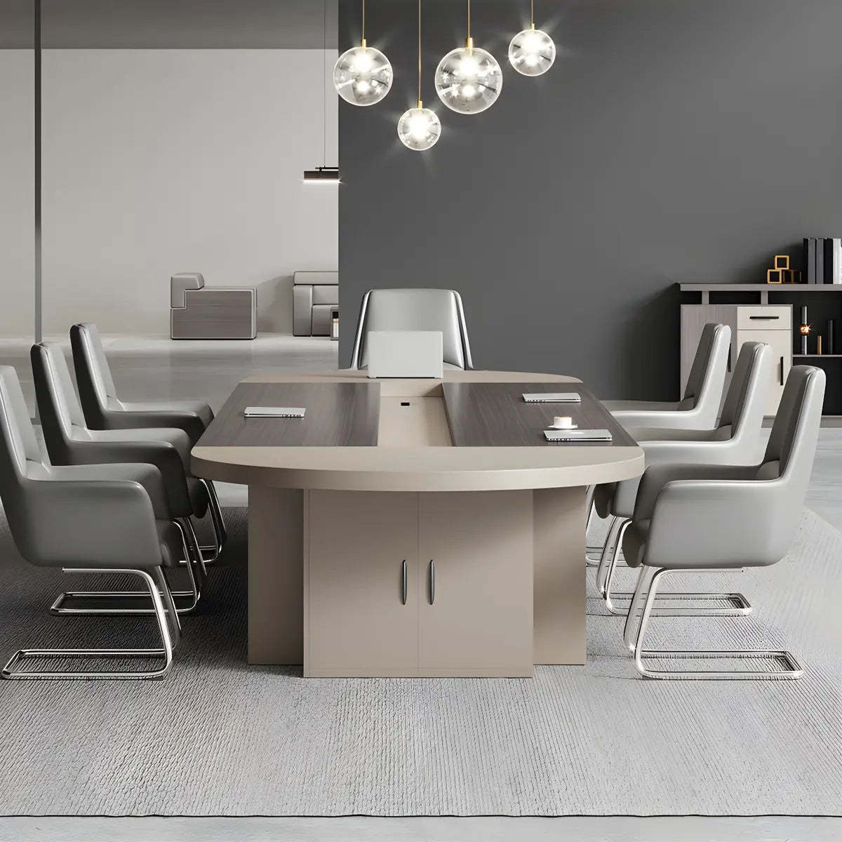 Oval Manufactured Wood Conference Table with Cabinets — Without Chairs