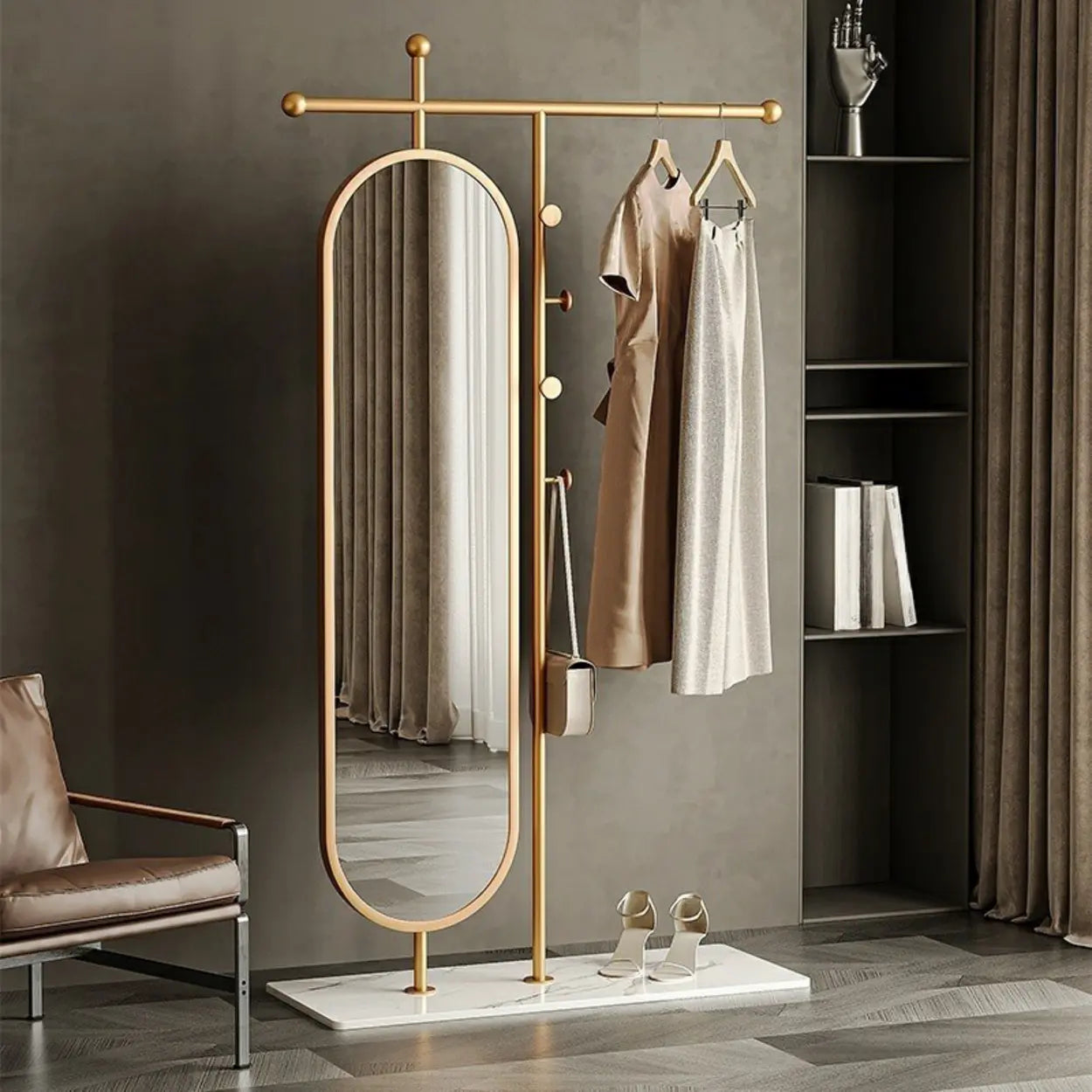 Oval Gold Metal Mirror Coat Rack with Hooks