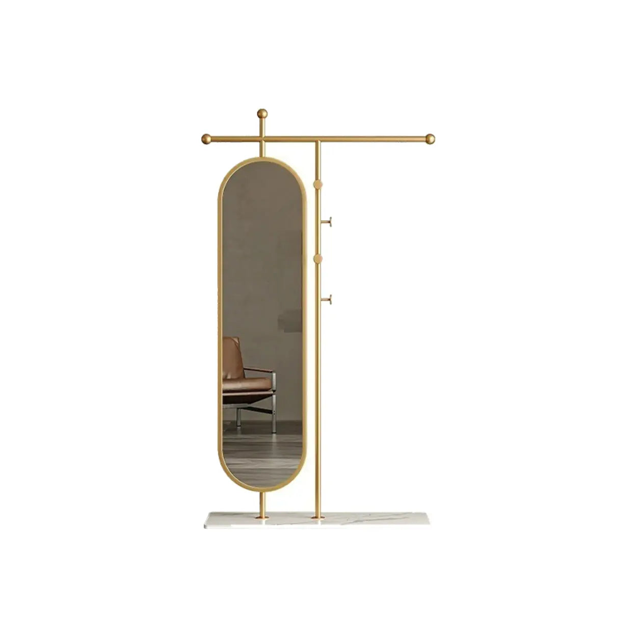 Oval Gold Metal Mirror Coat Rack with Hooks — White