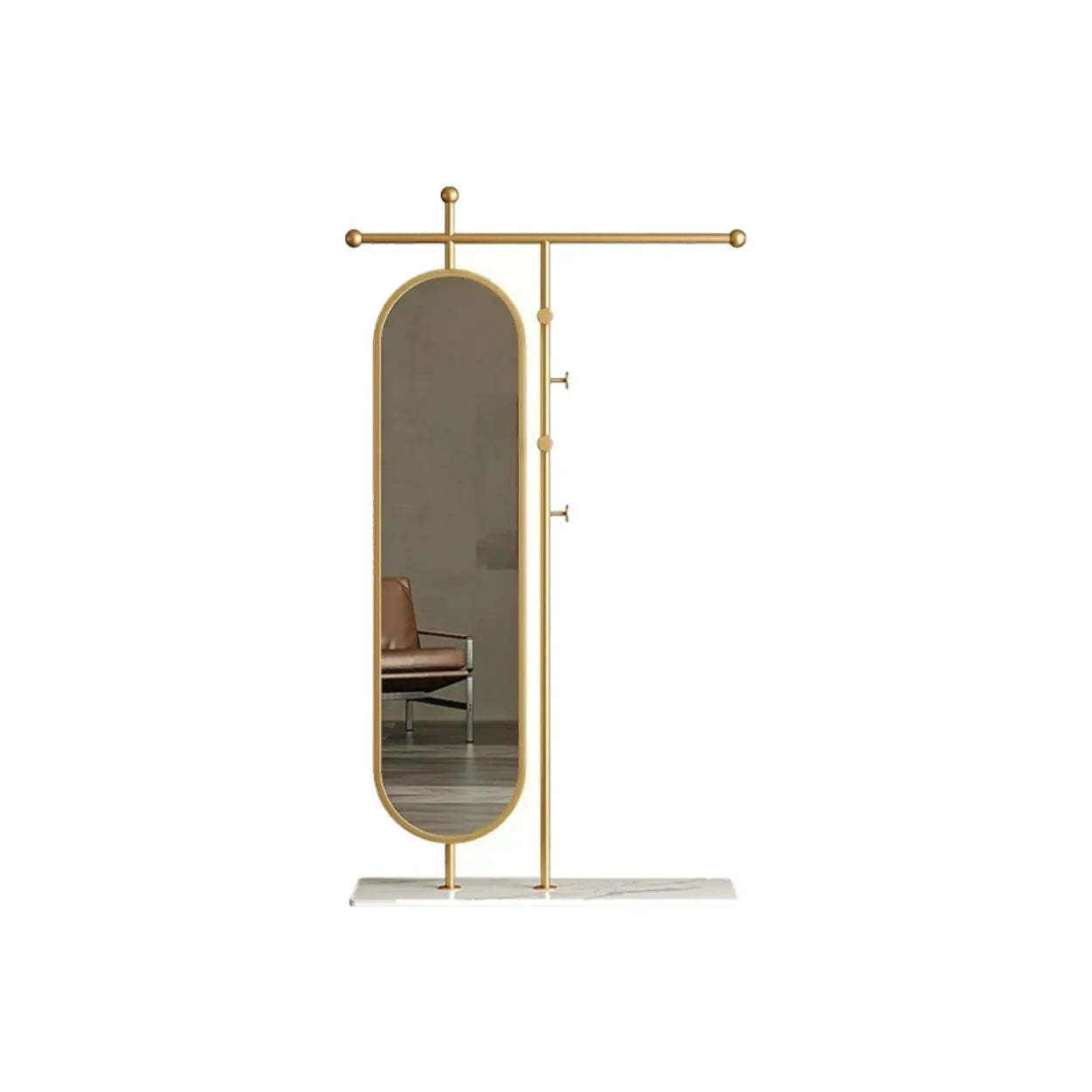 Oval Gold Metal Mirror Coat Rack with Hooks — White