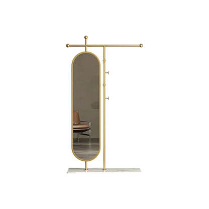 Oval Gold Metal Mirror Coat Rack with Hooks — White