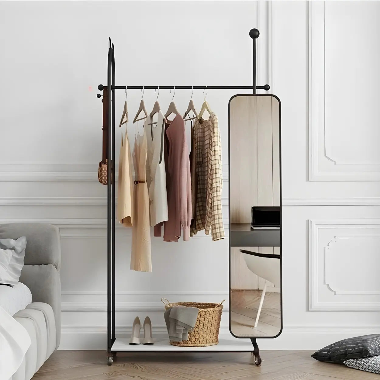 Oval Gold Metal Mirror Coat Rack with Hooks