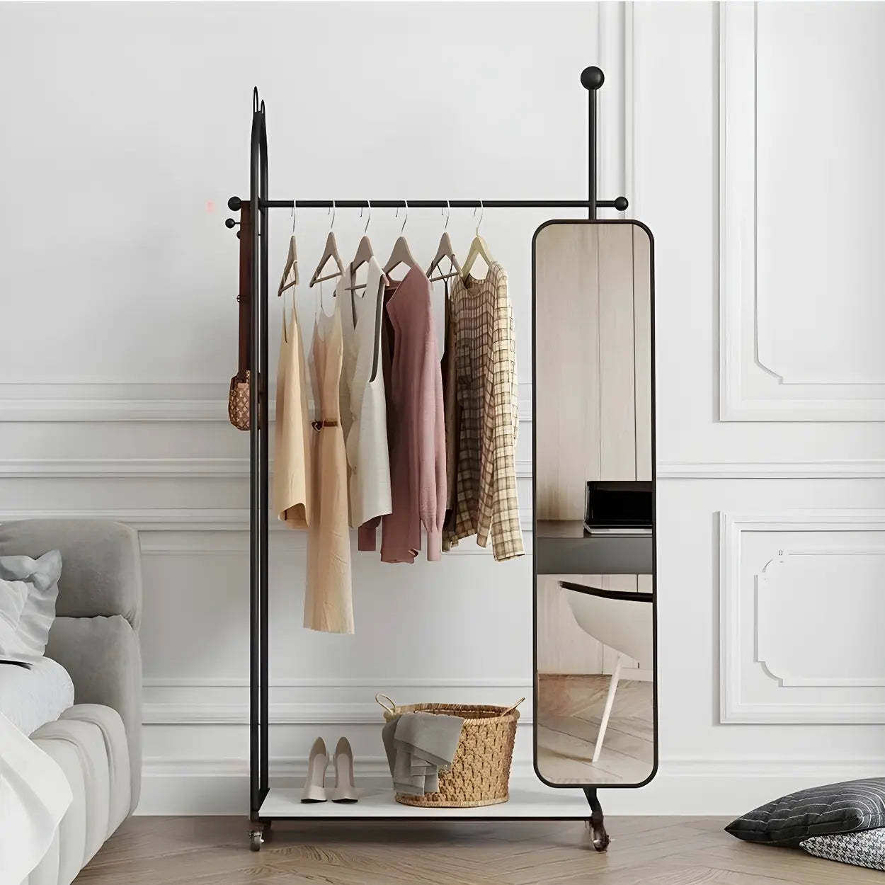 Oval Gold Metal Mirror Coat Rack with Hooks