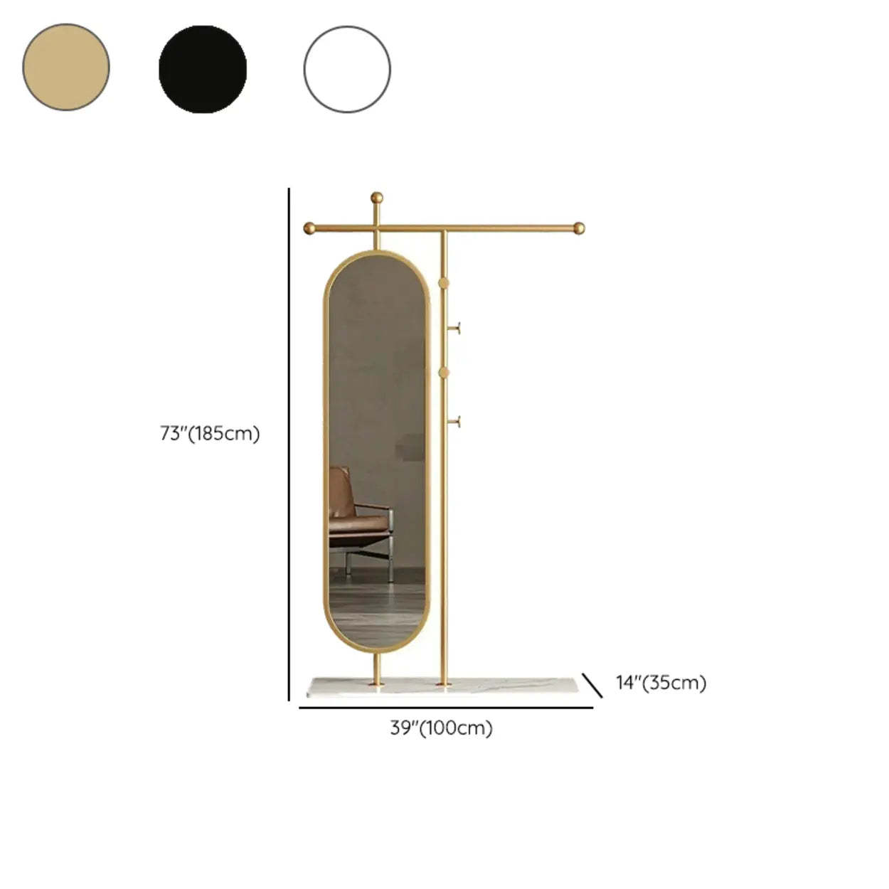 Oval Gold Metal Mirror Coat Rack with Hooks