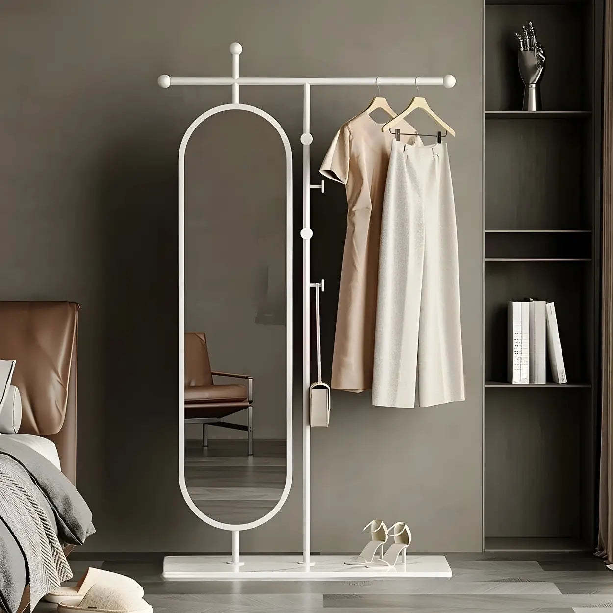 Oval Gold Metal Mirror Coat Rack with Hooks — Gold