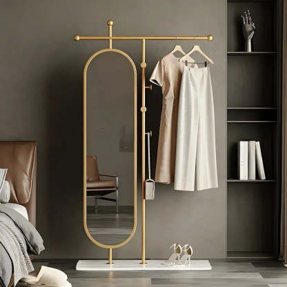 Oval Gold Metal Mirror Coat Rack with Hooks — Black