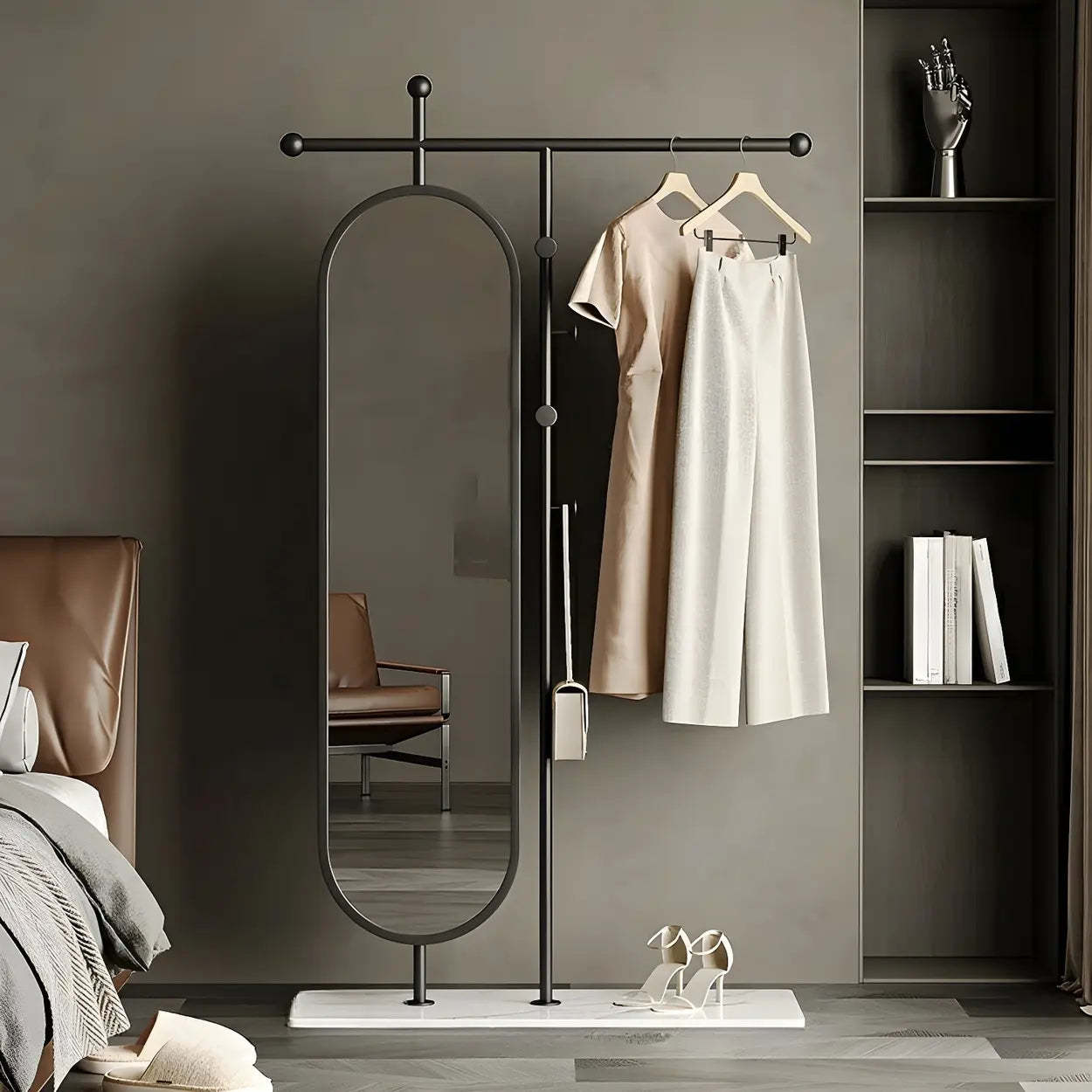 Oval Gold Metal Mirror Coat Rack with Hooks — Black