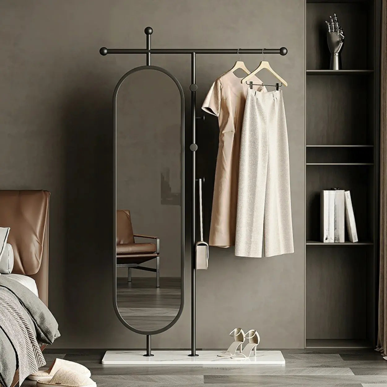 Oval Gold Metal Mirror Coat Rack with Hooks — Gold