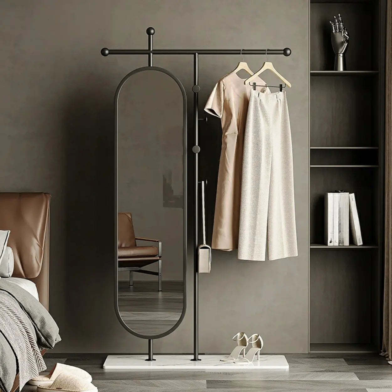 Oval Gold Metal Mirror Coat Rack with Hooks — Gold