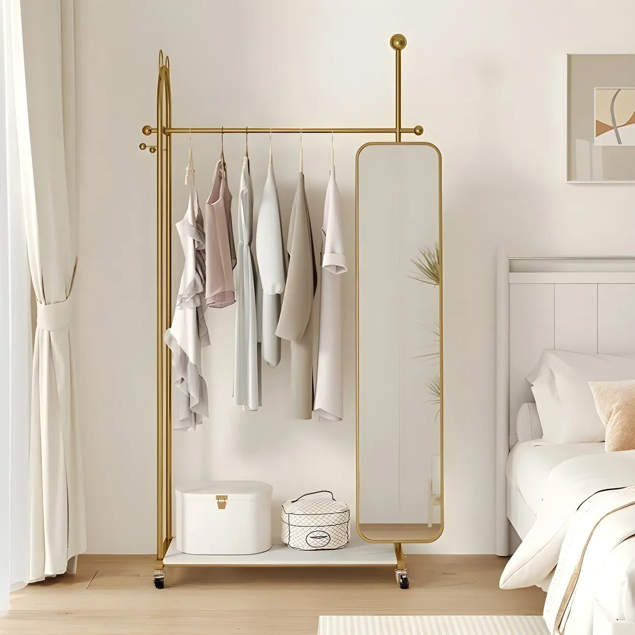 Oval Gold Metal Mirror Coat Rack with Hooks — White