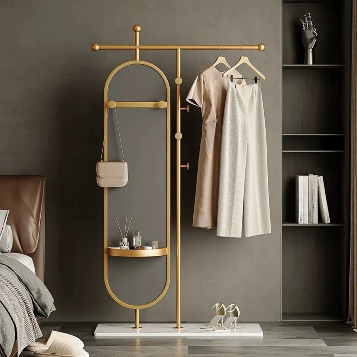 Oval Gold Metal Mirror Coat Rack with Hooks — Black