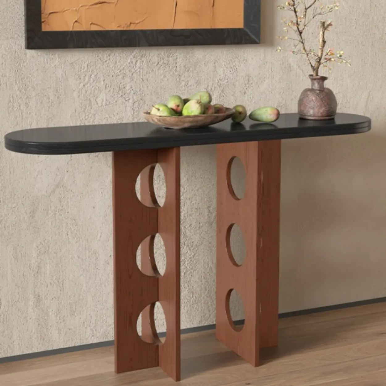 Oval Pine Wood Abstract-Base Entryway Console