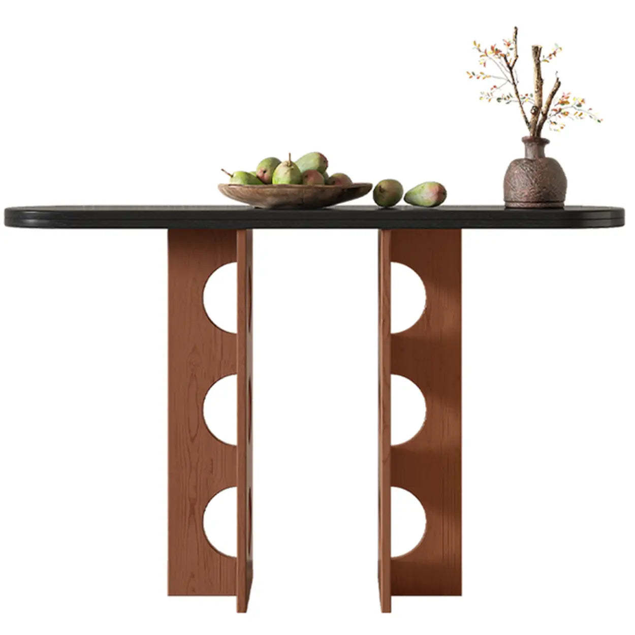 Oval Pine Wood Abstract-Base Entryway Console — Light Walnut