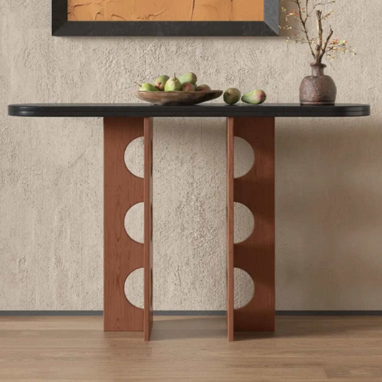 Oval Pine Wood Abstract-Base Entryway Console — Light Walnut