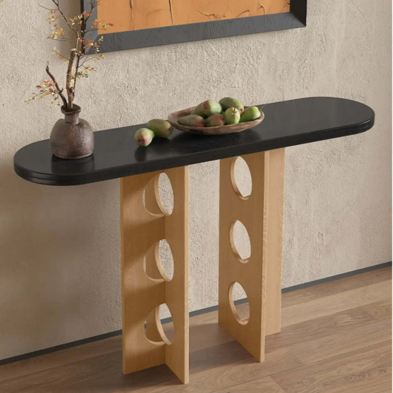 Oval Pine Wood Abstract-Base Entryway Console — Natural