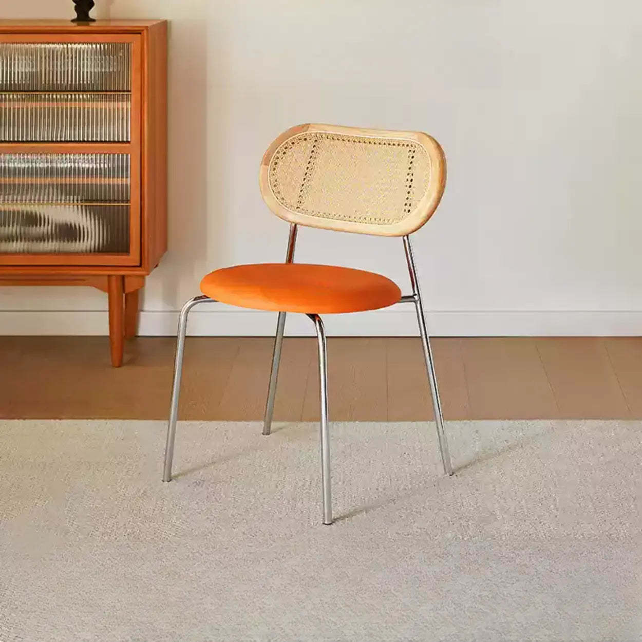 Oval Rattan-Back Leather Stackable Dining Chair — Black / Matte White / Black