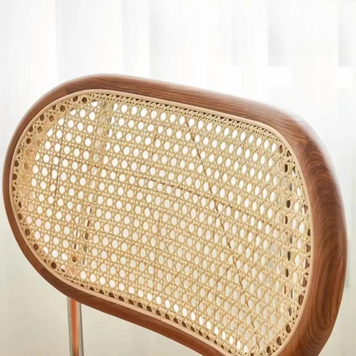 Oval Rattan-Back Leather Stackable Dining Chair — Black / Bright Brown / Silver