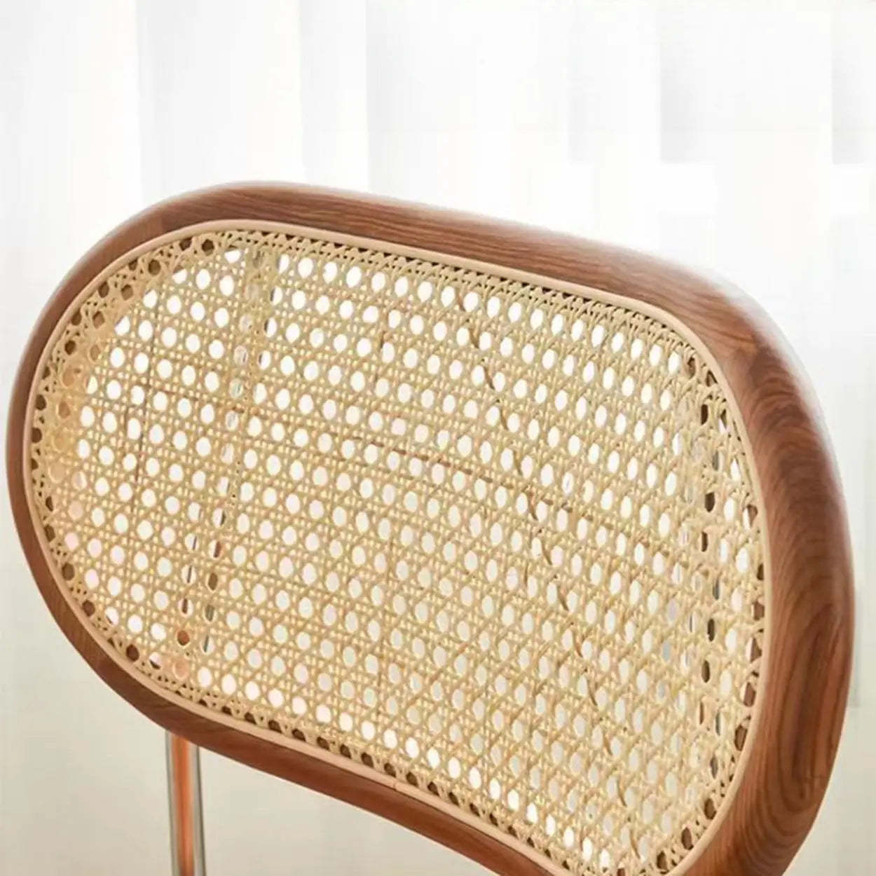 Oval Rattan-Back Leather Stackable Dining Chair — Black / Bright Brown / Silver
