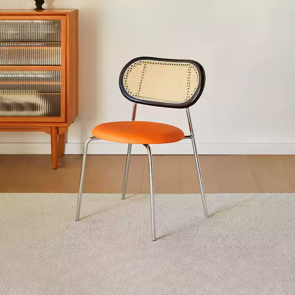 Oval Rattan-Back Leather Stackable Dining Chair — Black / Bright Brown / Black