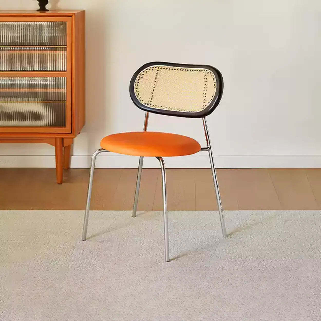 Oval Rattan-Back Leather Stackable Dining Chair — Black / Bright Brown / Black