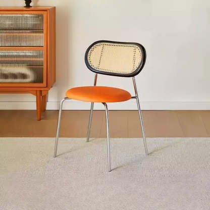 Oval Rattan-Back Leather Stackable Dining Chair — Black / Bright Brown / Black