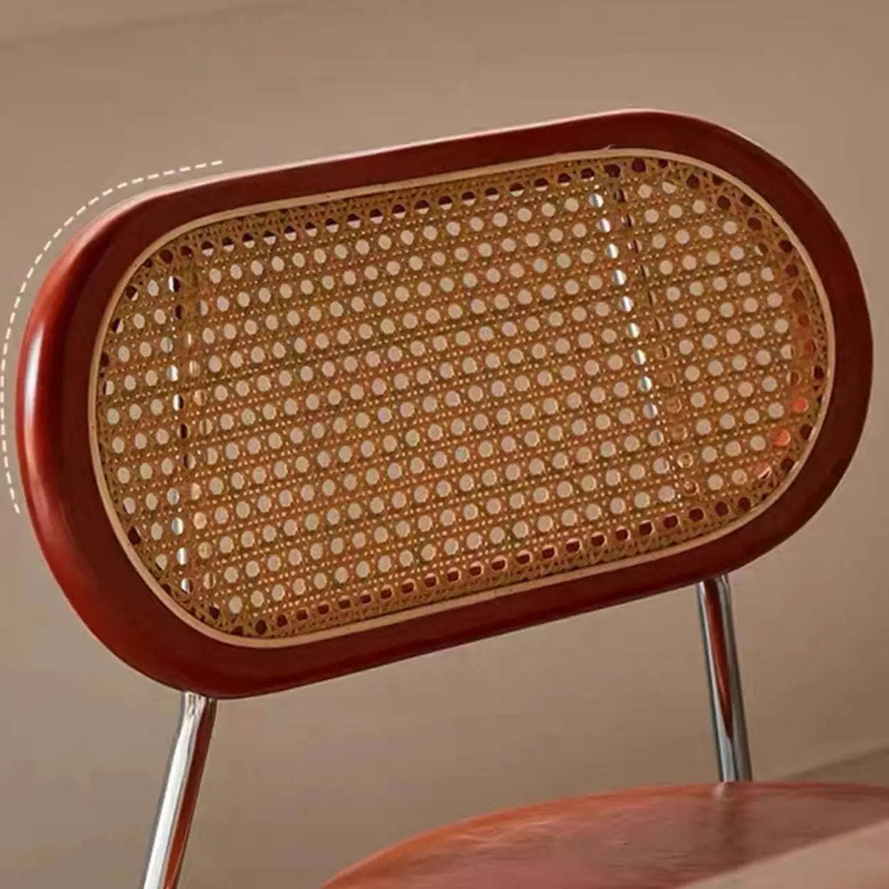 Oval Rattan-Back Leather Stackable Dining Chair — Wood Color / Orange / Silver