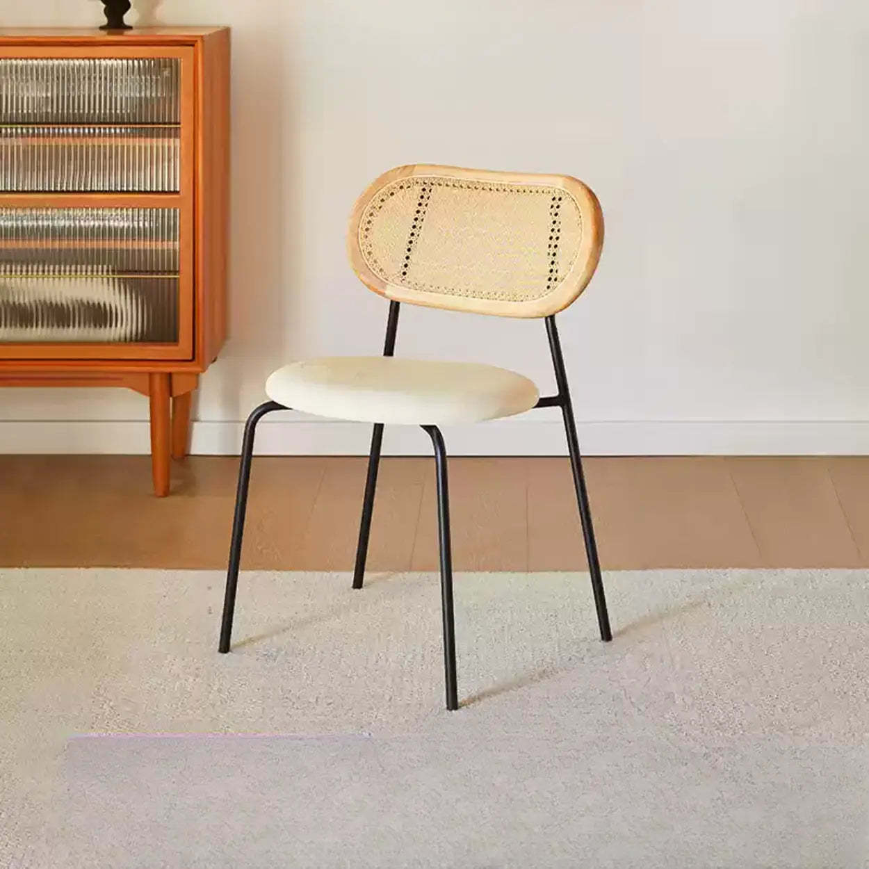 Oval Rattan-Back Leather Stackable Dining Chair — Wood Color / Orange / Black