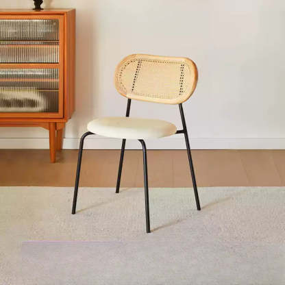 Oval Rattan-Back Leather Stackable Dining Chair — Wood Color / Orange / Black