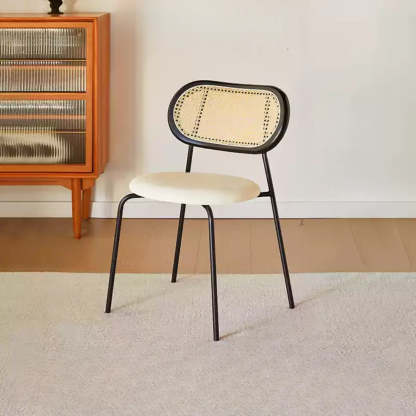 Oval Rattan-Back Leather Stackable Dining Chair — Wood Color / Matte Brown / Silver