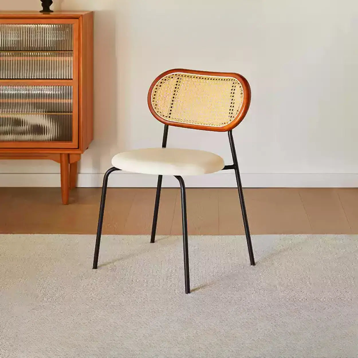 Oval Rattan-Back Leather Stackable Dining Chair — Wood Color / Yellow/ Brown / Silver