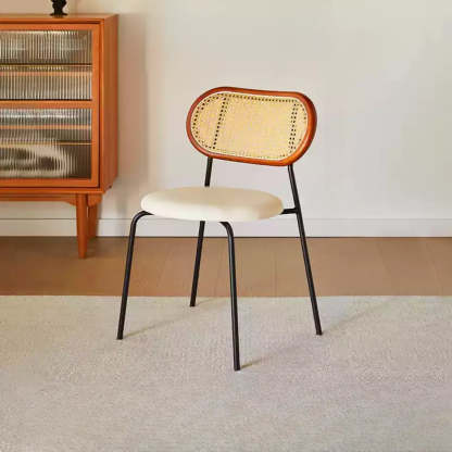 Oval Rattan-Back Leather Stackable Dining Chair — Wood Color / Yellow/ Brown / Silver