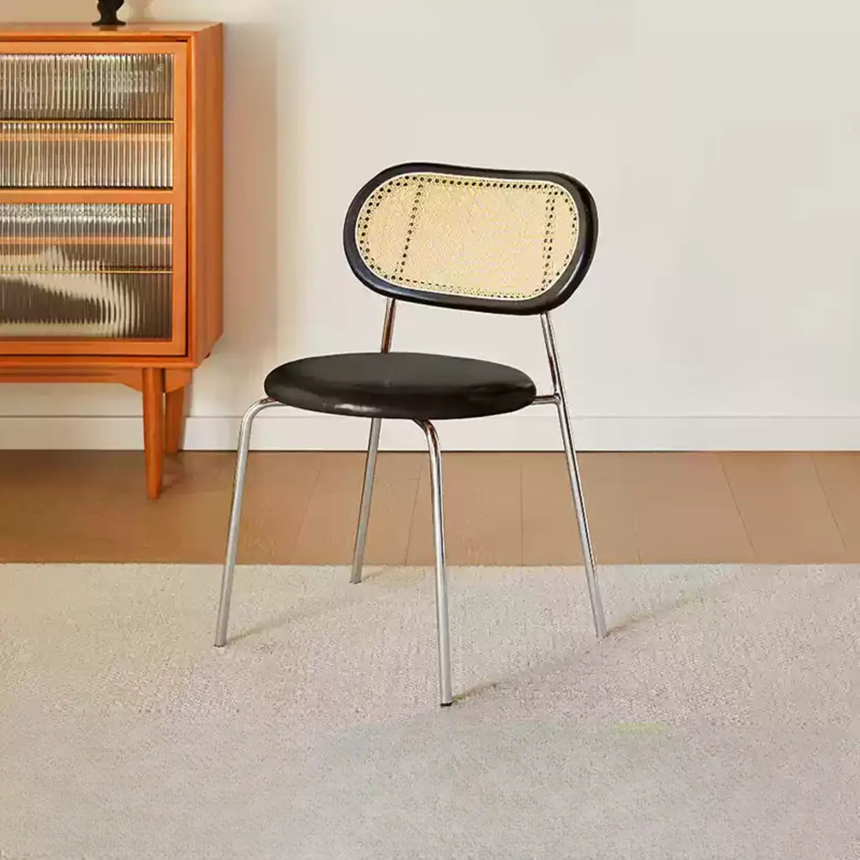 Oval Rattan-Back Leather Stackable Dining Chair — Black / Matt Black / Silver