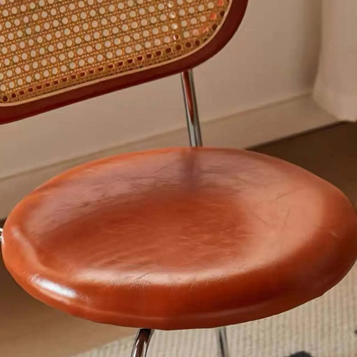 Oval Rattan-Back Leather Stackable Dining Chair — Wood Color / Matte White / Silver