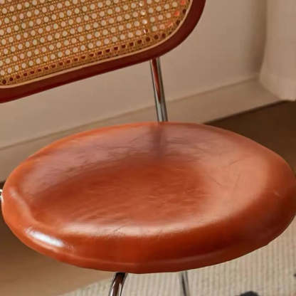 Oval Rattan-Back Leather Stackable Dining Chair — Wood Color / Matte White / Silver