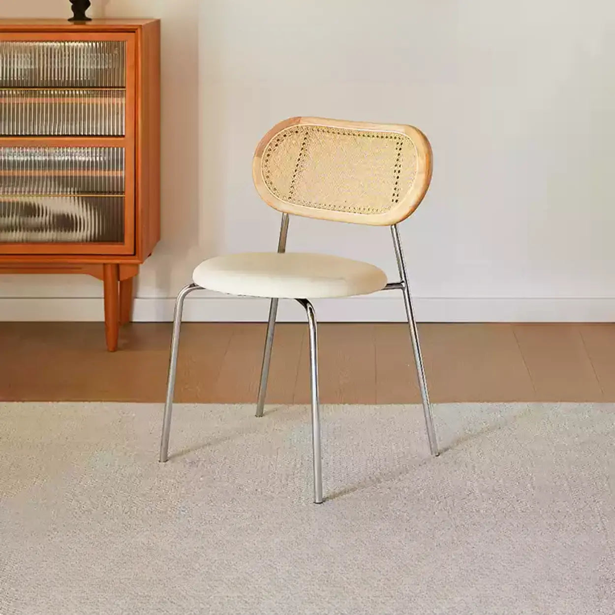 Oval Rattan-Back Leather Stackable Dining Chair — Wood Color / Matte White / Black