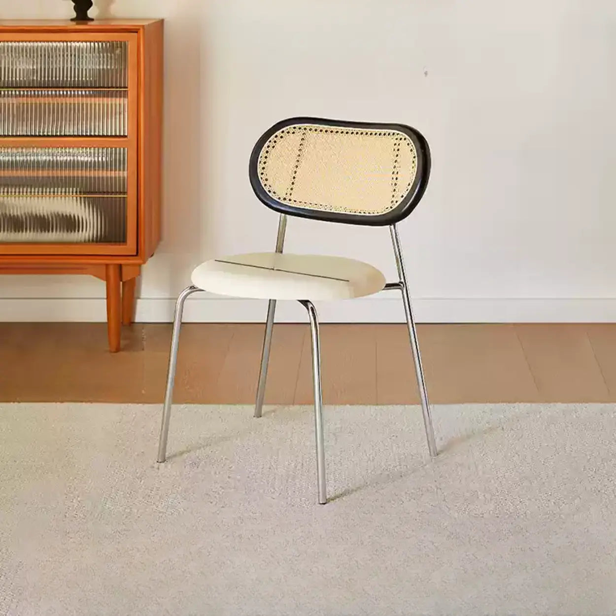 Oval Rattan-Back Leather Stackable Dining Chair — Wood Color / Bright Brown / Silver