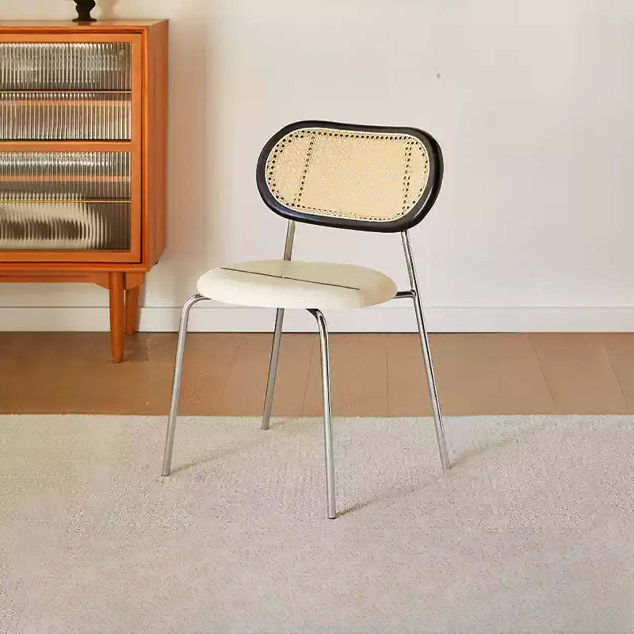 Oval Rattan-Back Leather Stackable Dining Chair — Wood Color / Bright Brown / Silver