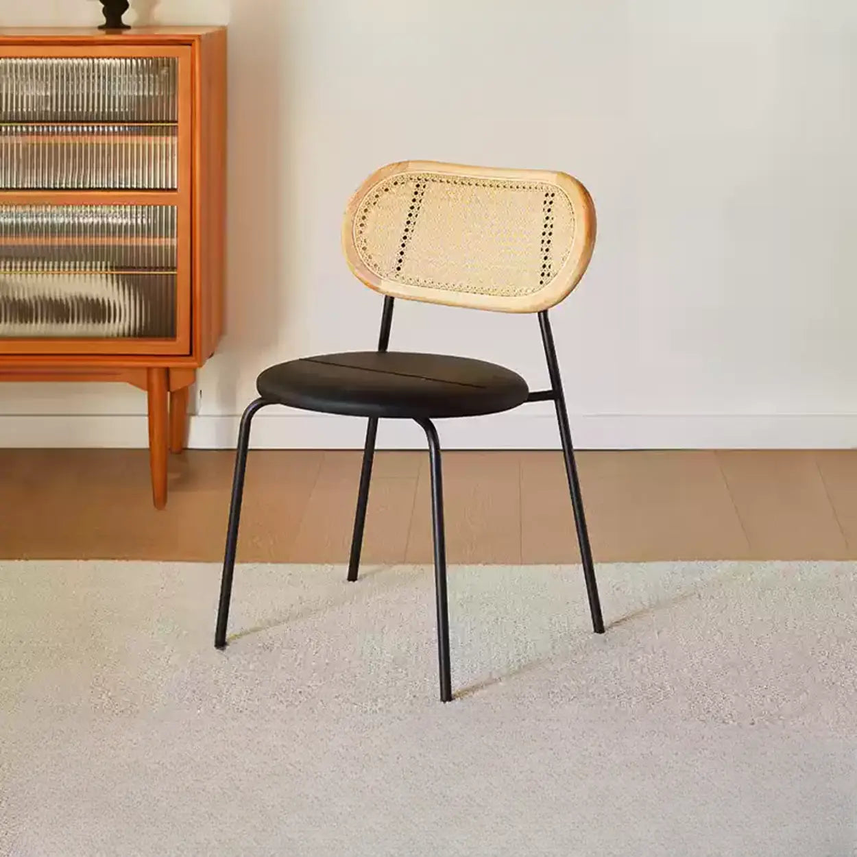 Oval Rattan-Back Leather Stackable Dining Chair — Cherry Wood / Bright Brown / Silver