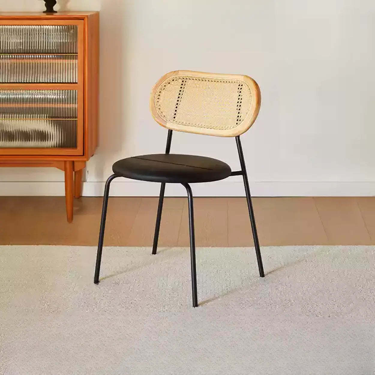 Oval Rattan-Back Leather Stackable Dining Chair — Cherry Wood / Bright Brown / Silver