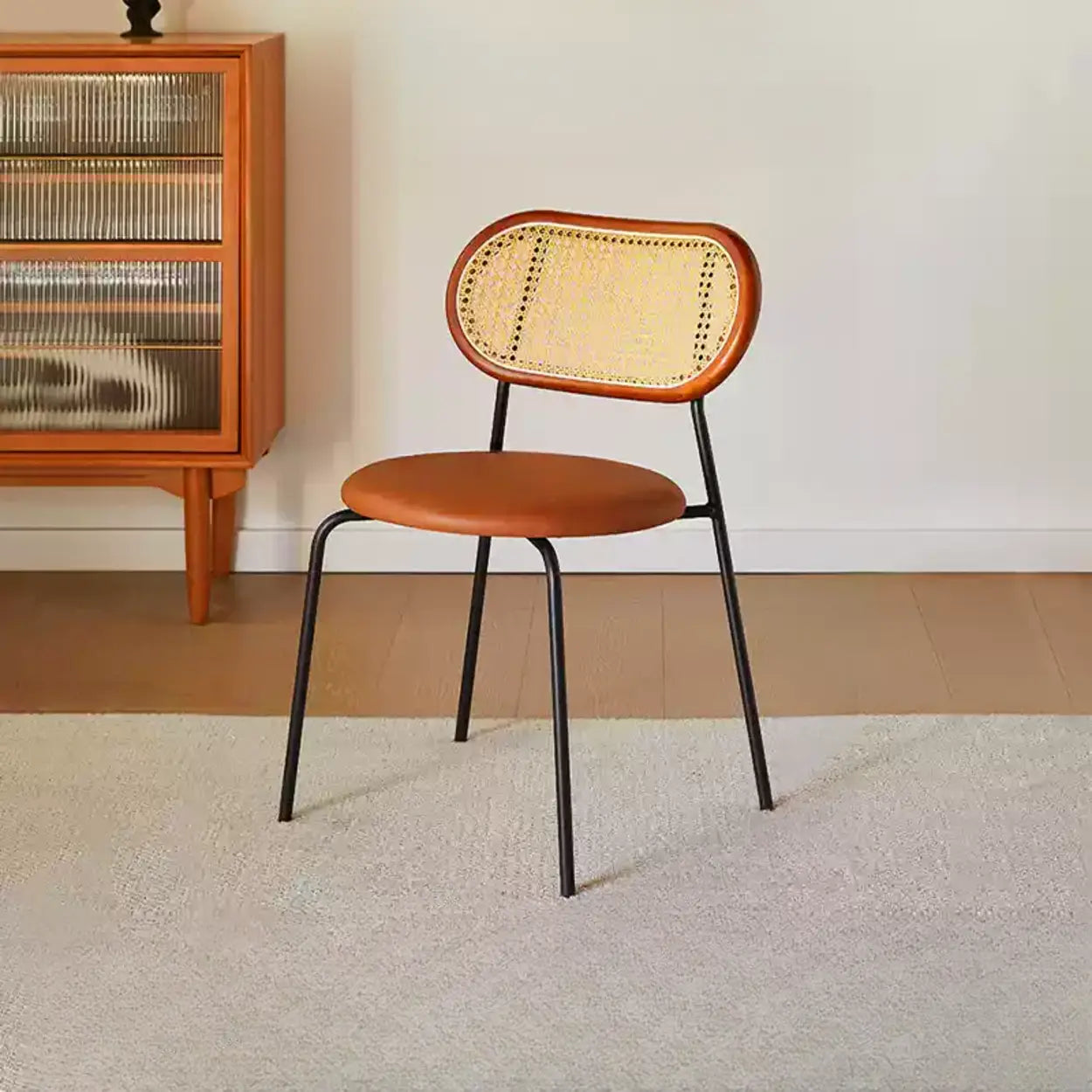 Oval Rattan-Back Leather Stackable Dining Chair — Nut-Brown / Matt Black / Silver