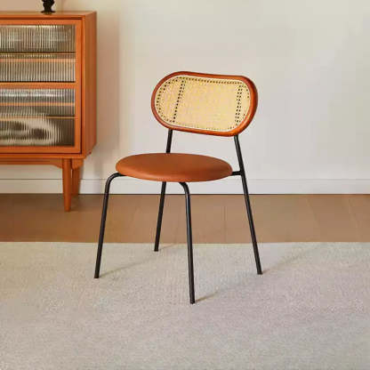 Oval Rattan-Back Leather Stackable Dining Chair — Nut-Brown / Matt Black / Silver