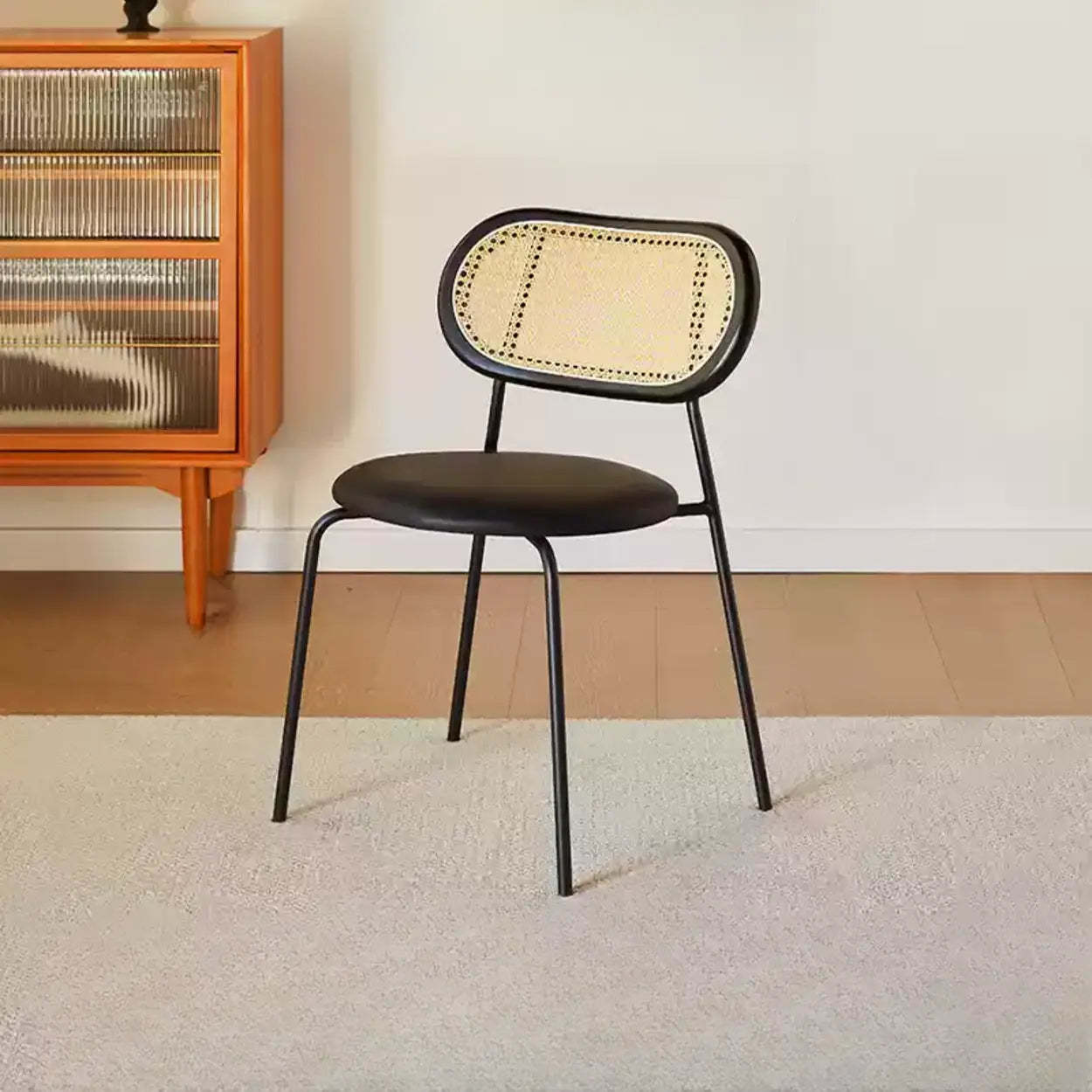 Oval Rattan-Back Leather Stackable Dining Chair — Nut-Brown / Orange / Silver
