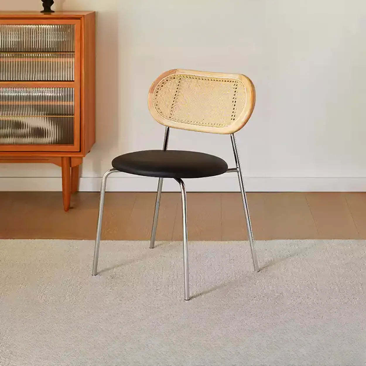 Oval Rattan-Back Leather Stackable Dining Chair — Nut-Brown / Orange / Black