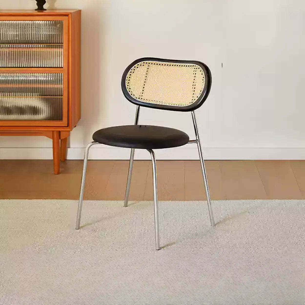 Oval Rattan-Back Leather Stackable Dining Chair — Nut-Brown / Matte Brown / Silver