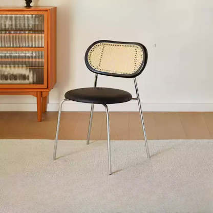 Oval Rattan-Back Leather Stackable Dining Chair — Nut-Brown / Matte Brown / Silver